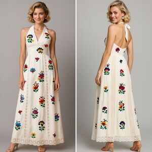 Vintage 70s Mexican Embroidered Halter Maxi Dress Sz S Crochet Lace Boho Cottage